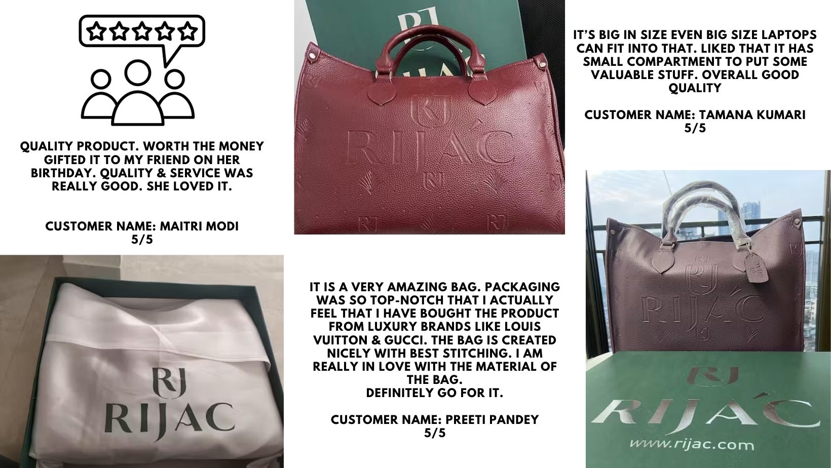 Satisfied customers with cruelty-free vegan leather bags from RIJAC