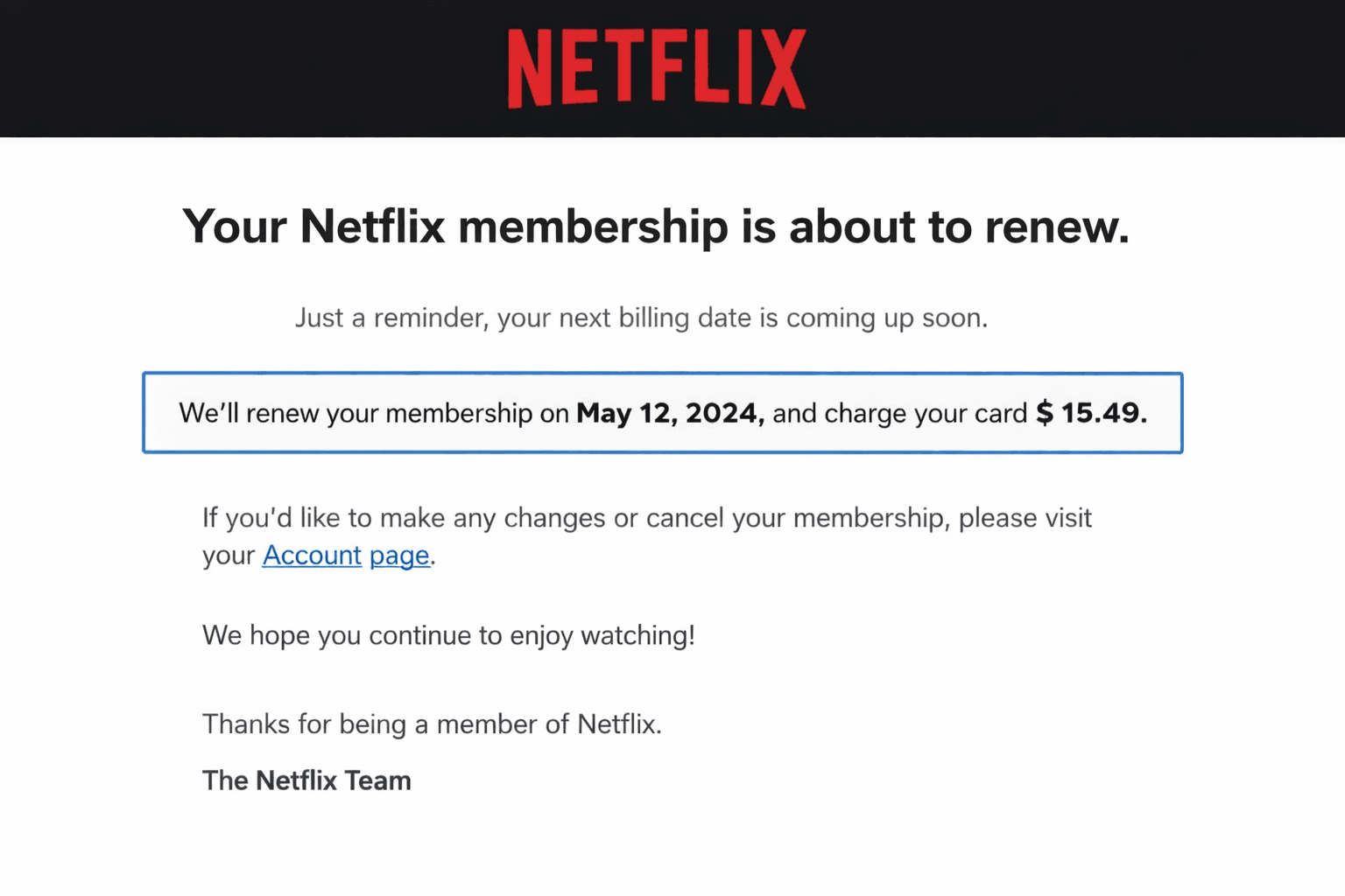 Does Netflix notify you before auto-renewal charges?