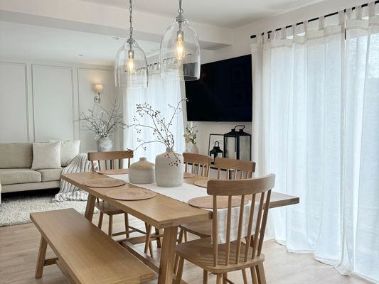 Airy & Breathable Linen Sheer Customized in Tap Top Style for This Dining Room