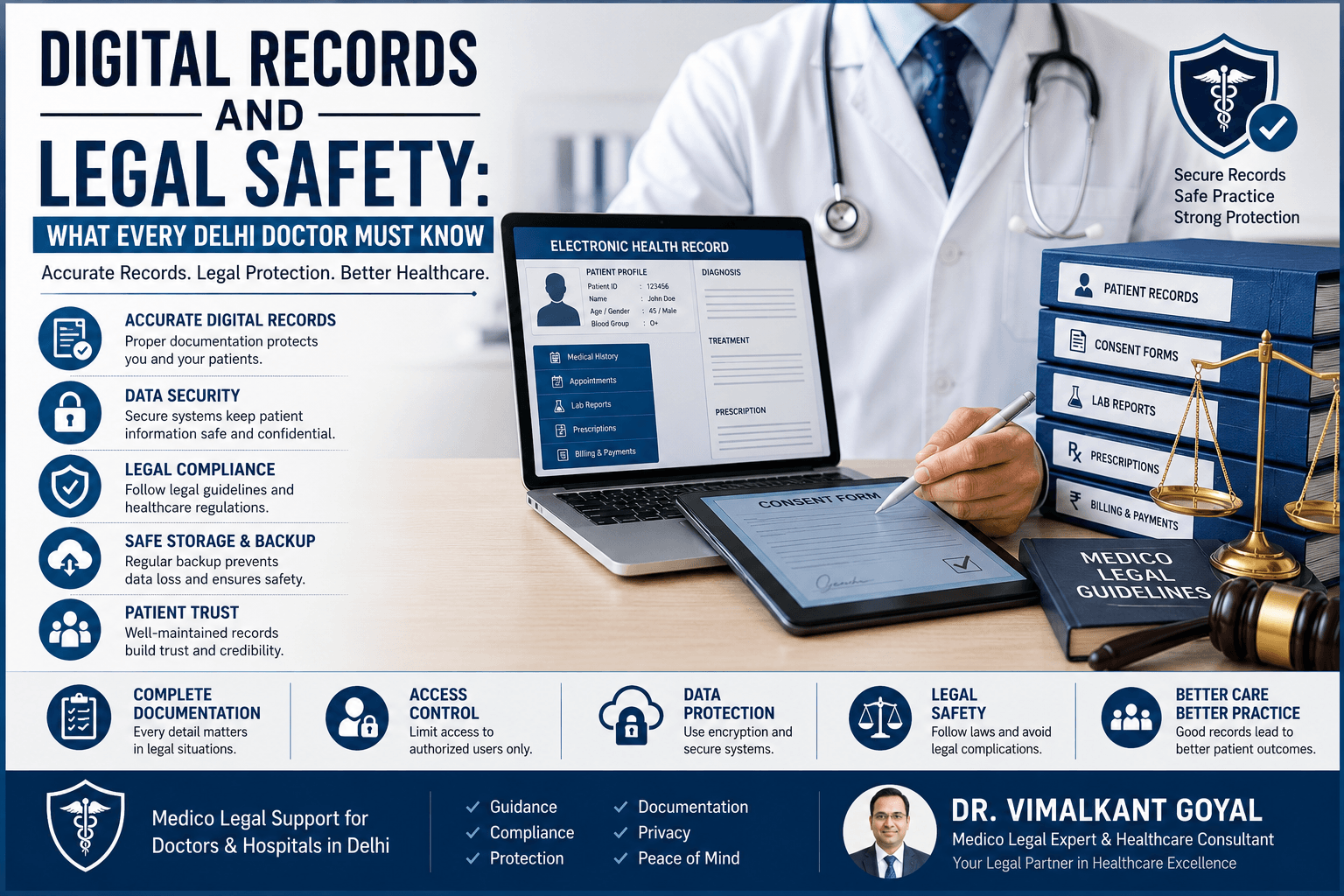 Doctor managing digital health records with secure system, legal compliance, and patient data protection concept