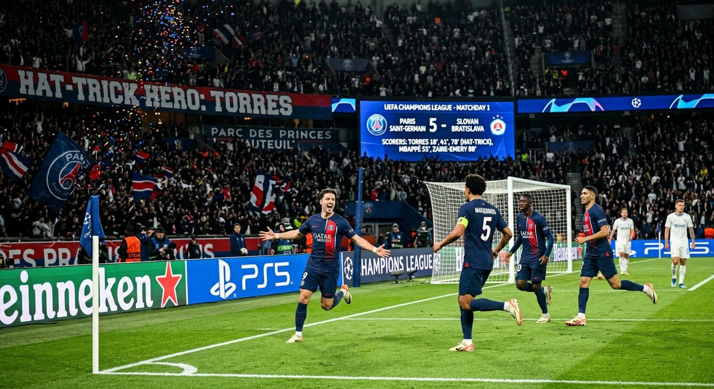 Torres Scores a Hat-Trick as PSG Thrash Slovan in Champions League Opener