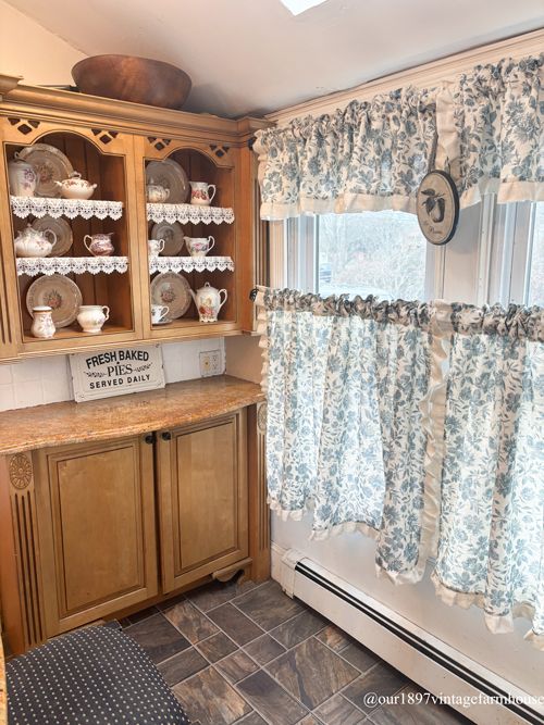 White & Blue Floral Curtains Custom-made in Rod Pocket Add Calm Ambiance to This Kitchen Area
