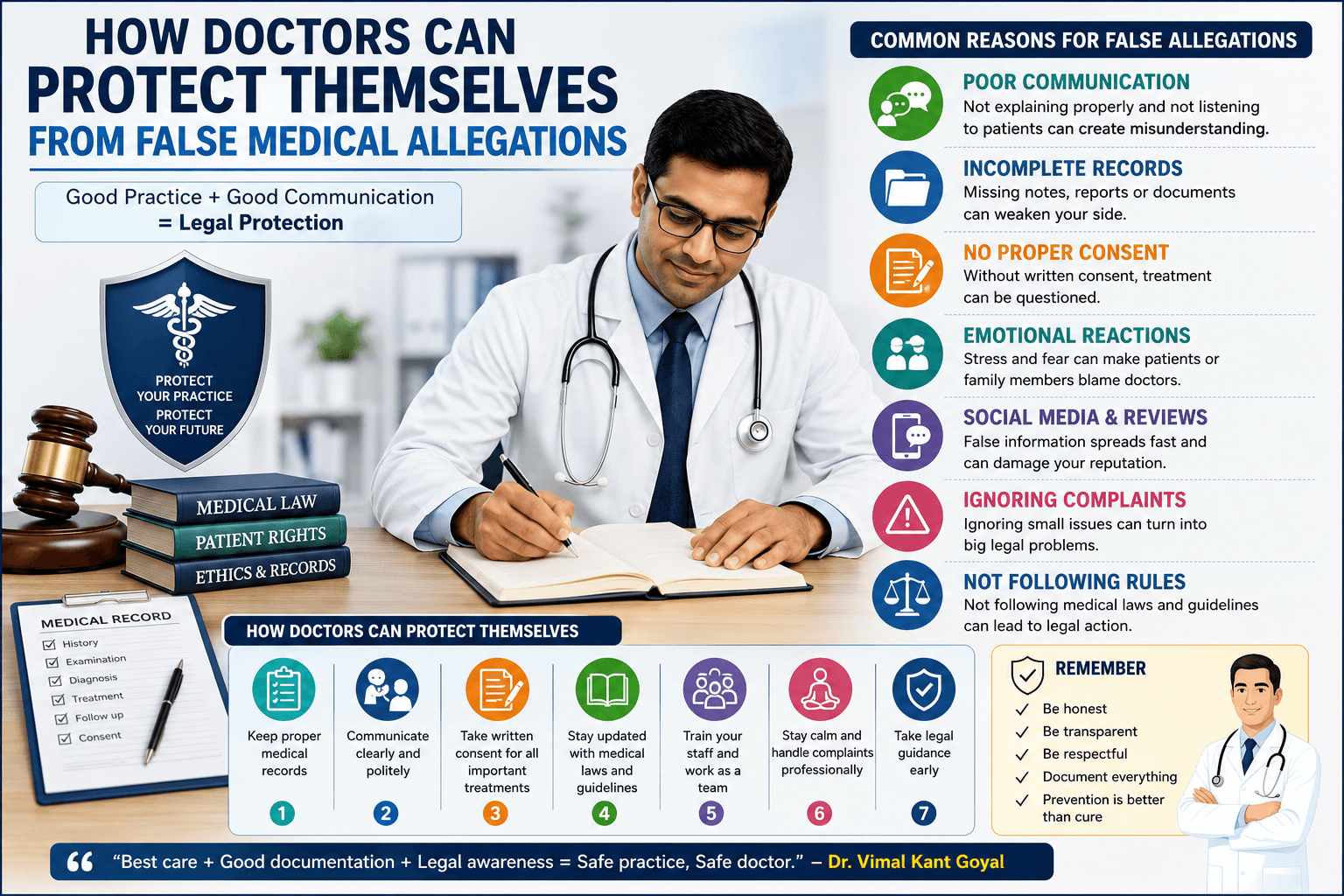 Doctor organizing patient records and consent forms beside legal symbols, highlighting importance of proper medical documentation.