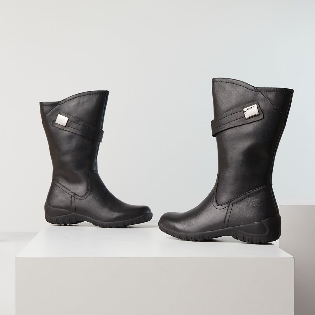 Water-resistant boots for women protecting feet in rainy weather.