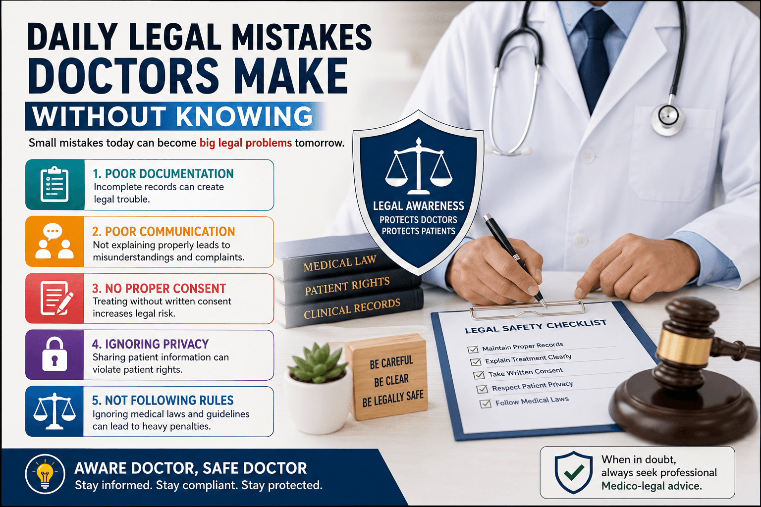 Doctor reviewing legal safety checklist with medical law symbols, highlighting common medico-legal mistakes and prevention strategies.