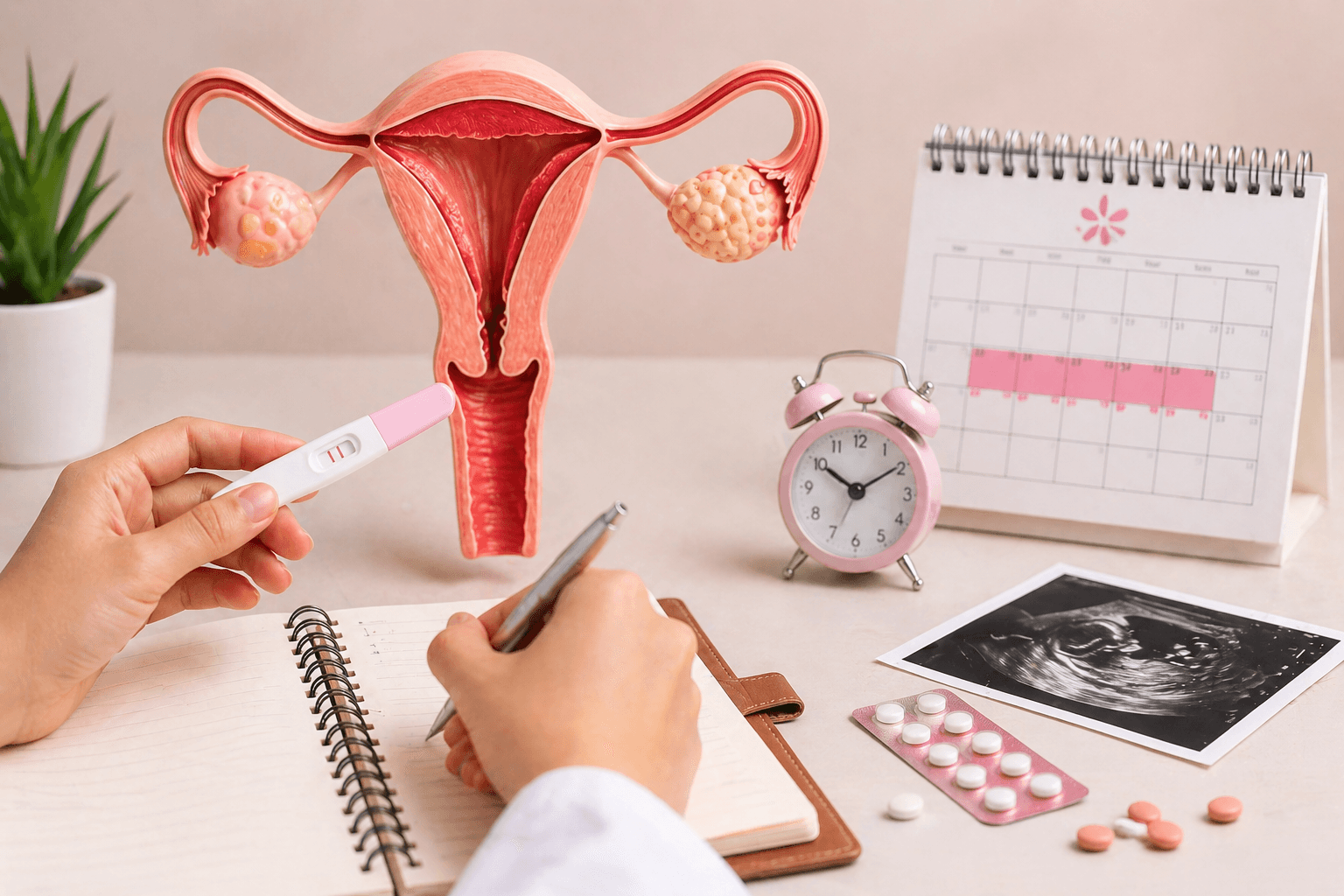 Hands holdimg imn pragnancy test near uterus mdel, clander tracking cycle pills, ultrasound image, and medical setup repersenting fertelity palning .