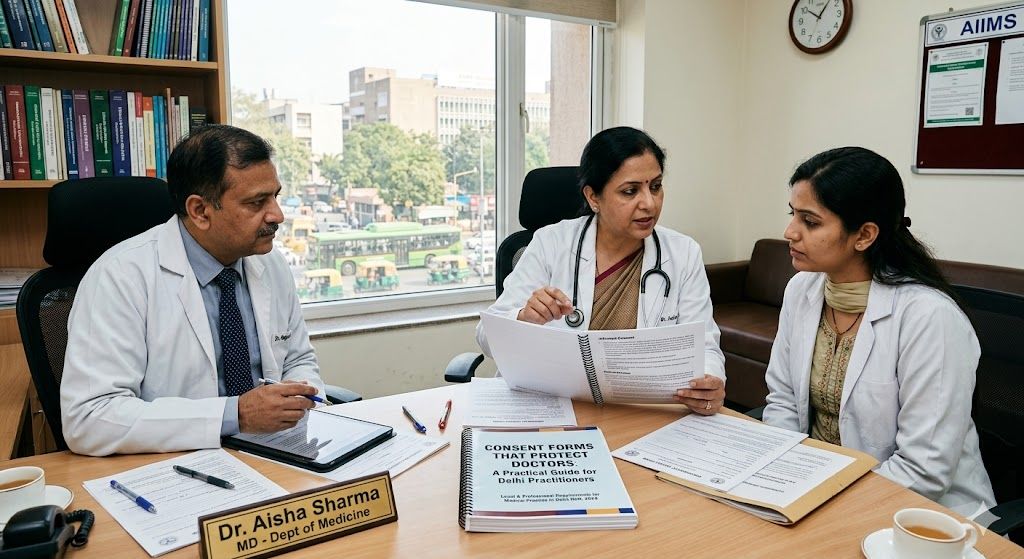 Three medical practitioners in Delhi review a professional guide titled "Consent Forms That Protect Doctors."