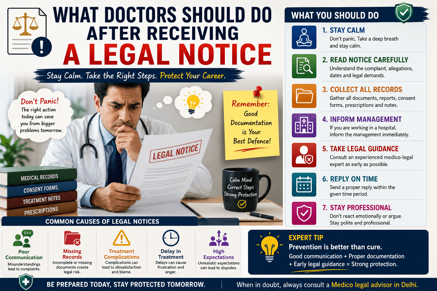 Doctor reading legal notice calmly with medico-legal safety steps, documentation guidance, and professional legal protection tips.