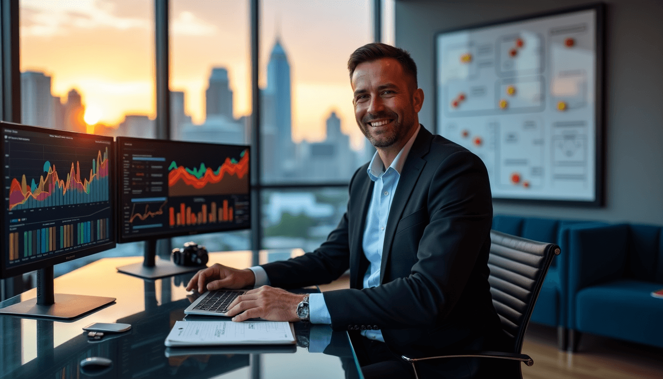 An SEO expert in Houston, TX at his office dest surrounded by monitors displaying charts