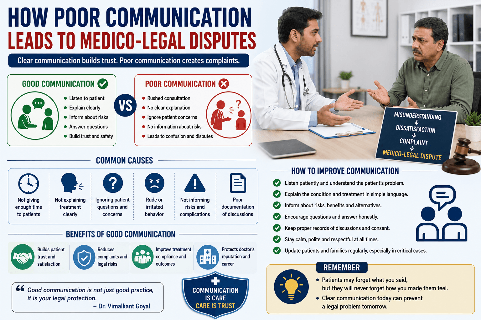 Doctor explaining treatment to patient while infographic highlights communication mistakes causing medico-legal disputes and complaints issues.