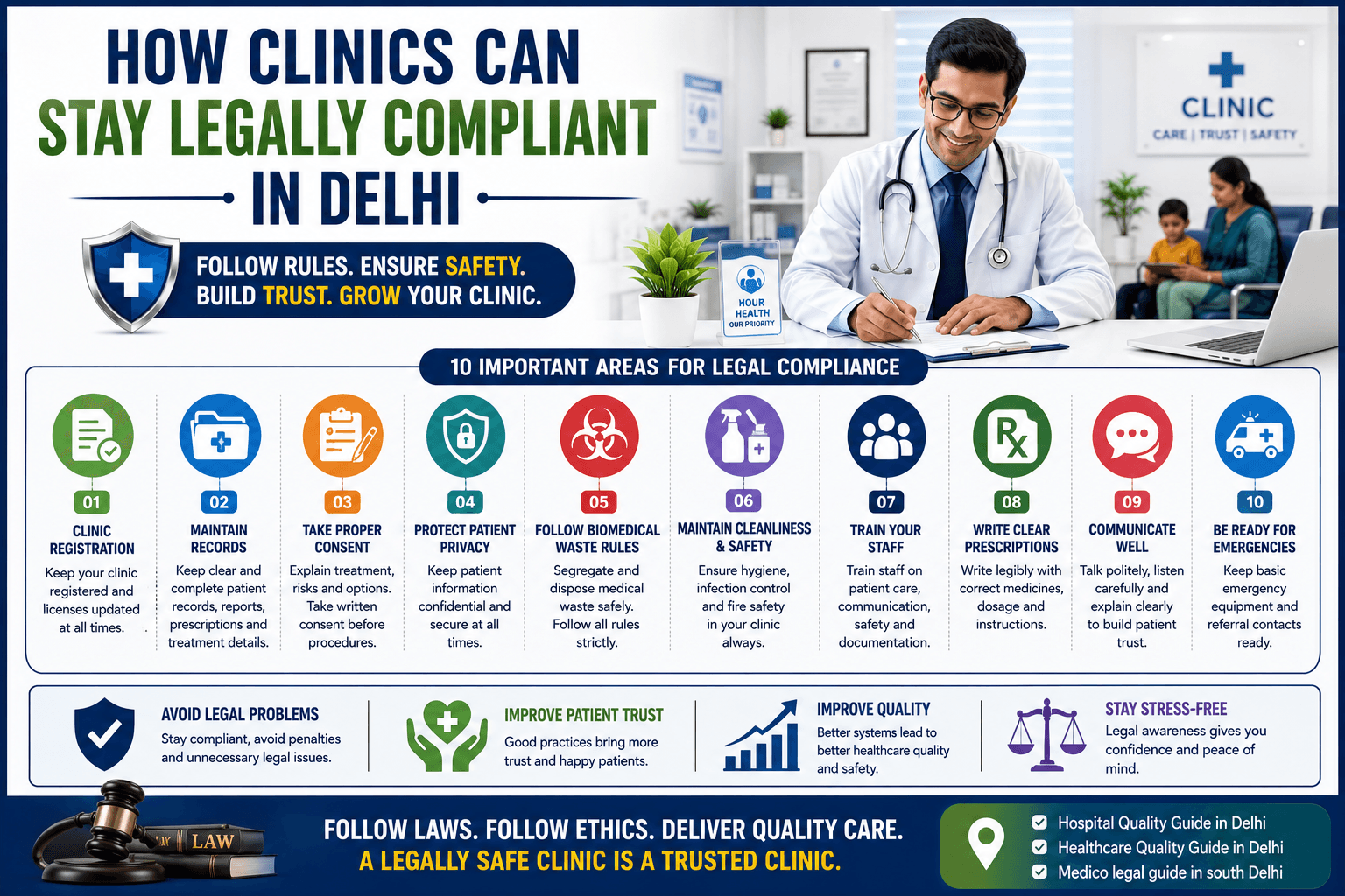 Clinic legal compliance infographic with Hospital Quality Guide in Delhi and medico-legal safety professional healthcare support.