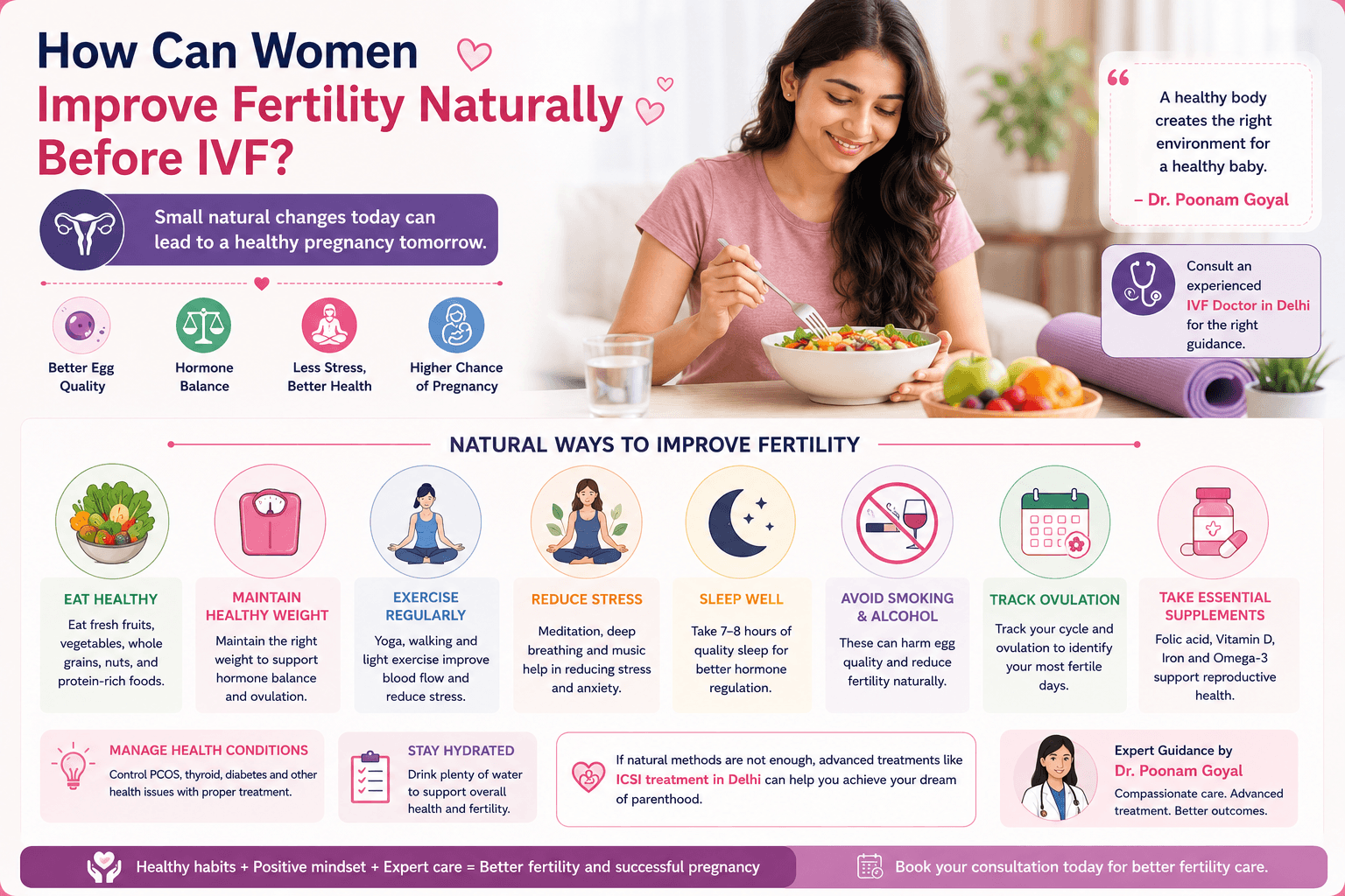 Woman improving fertility naturally with healthy food, yoga, supplements, hydration, and stress management before IVF treatment.