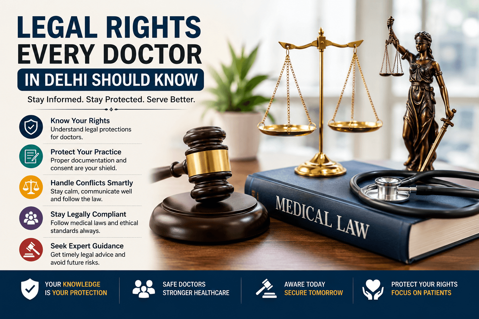 Doctor legal rights infographic showing medical law book, gavel, scales, and healthcare legal protection guidance concepts.