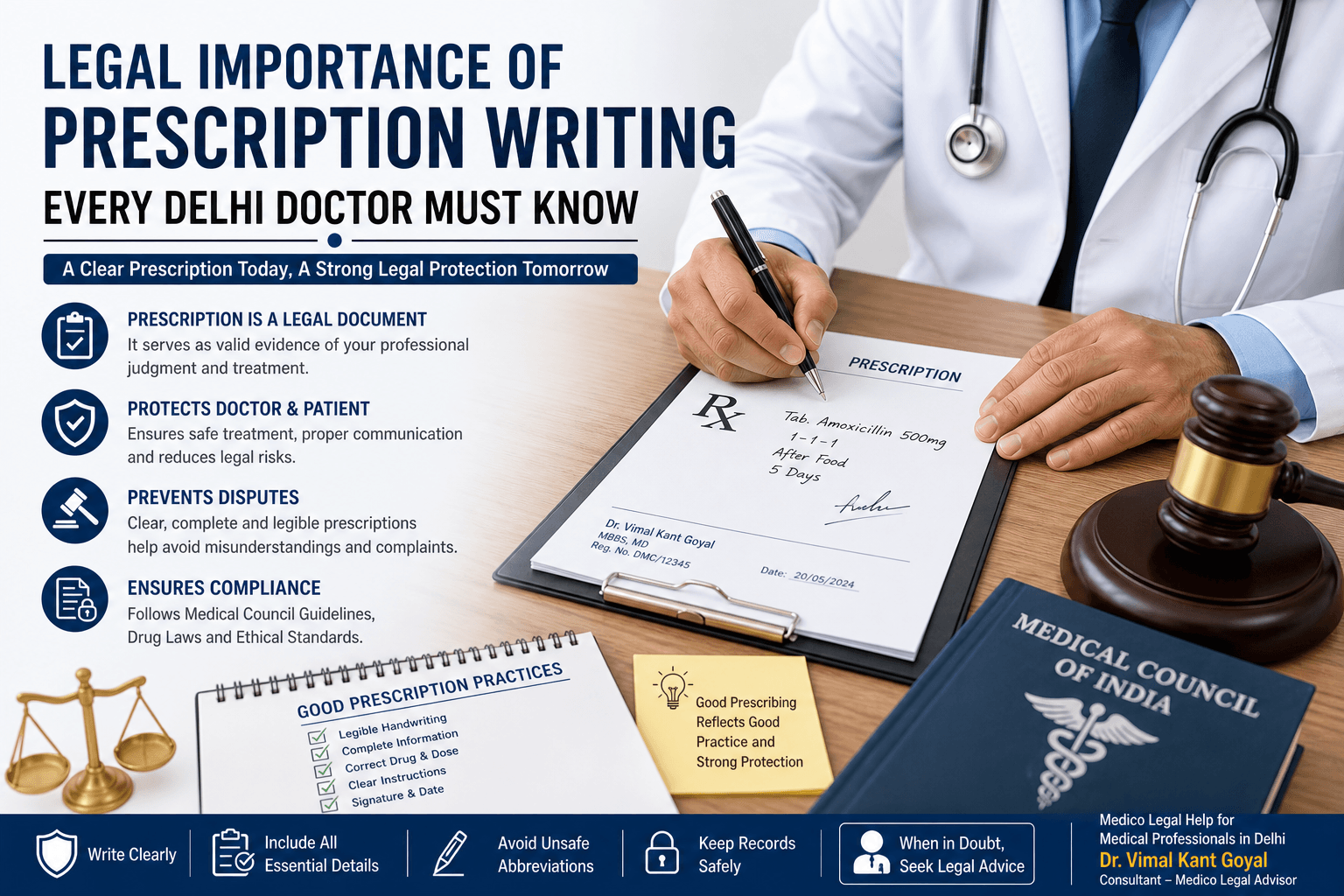 Doctor writing prescription in clinic with legal icons highlighting compliance, patient safety, and proper medical documentation practices