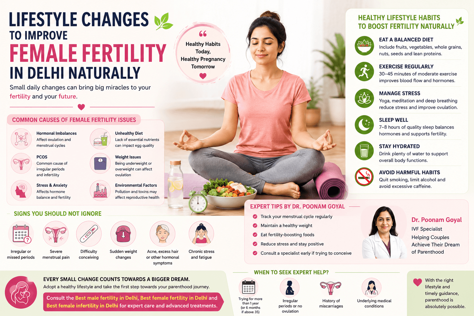 Woman practicing healthy lifestyle habits naturally improving female fertility through nutrition, exercise, meditation, sleep, and wellness tips