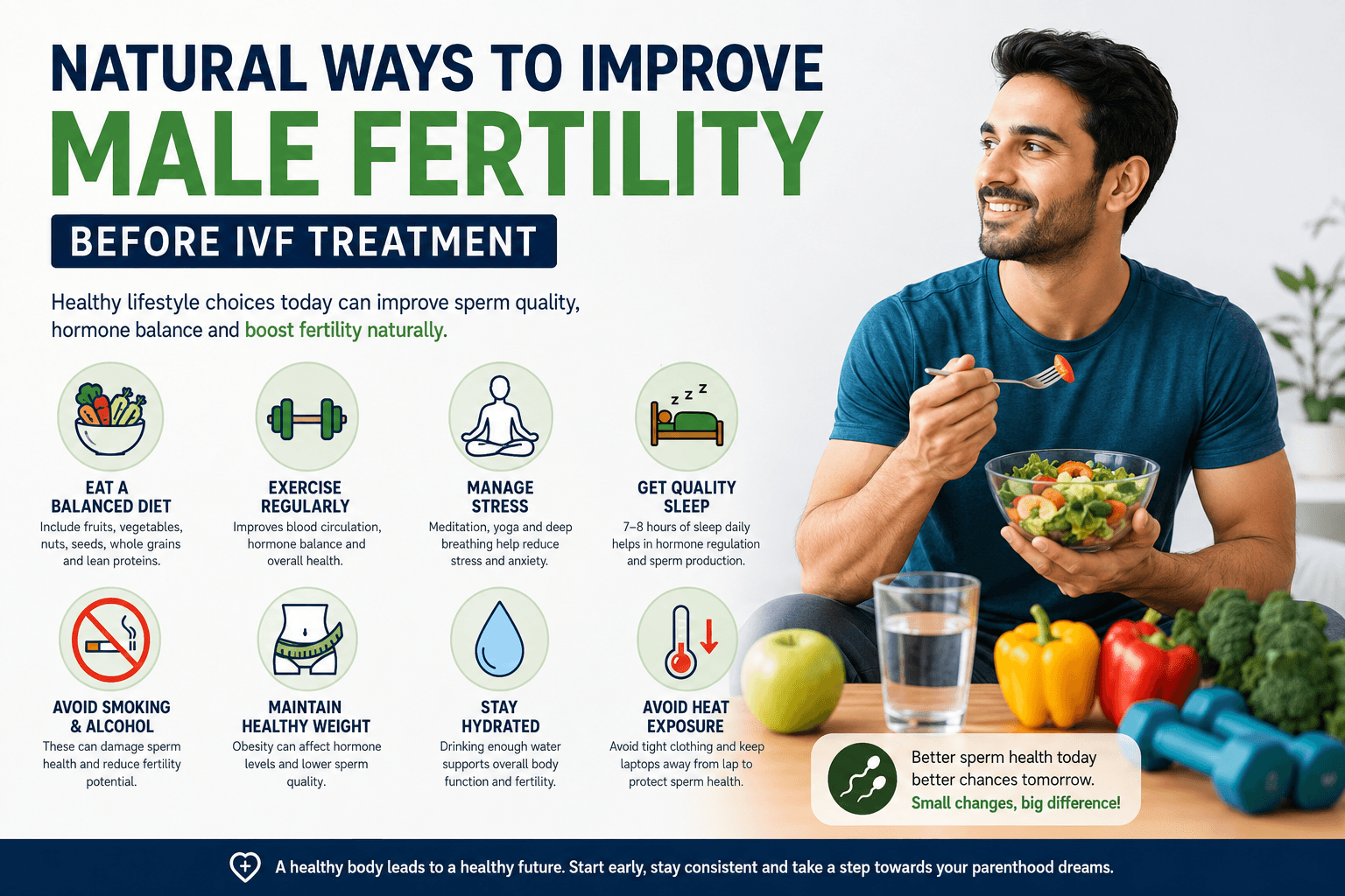 Infographic showing natural lifestyle habits improving male fertility before IVF through diet, exercise, sleep, and stress management