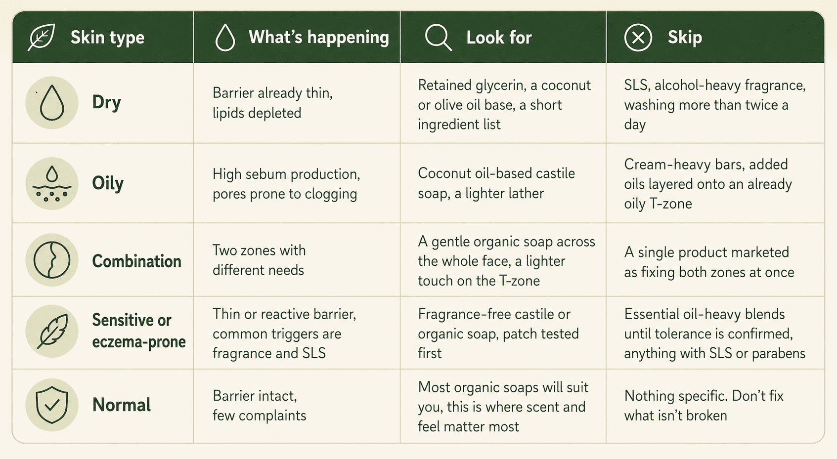 Skin type soap guide showing what to look for and avoid for dry, oily, combination, sensitive or eczema-prone, and normal skin.