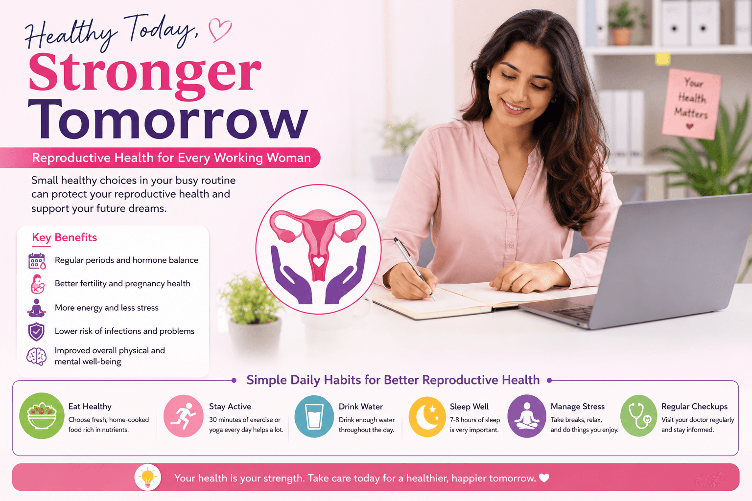 Working woman maintaining reproductive health through healthy habits, exercise, stress management, nutrition, hydration, and regular checkups.