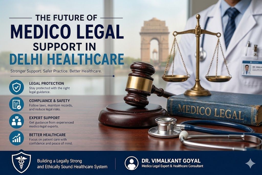 Medico legal support concept with doctor, gavel, scales, and Delhi healthcare background banner design
