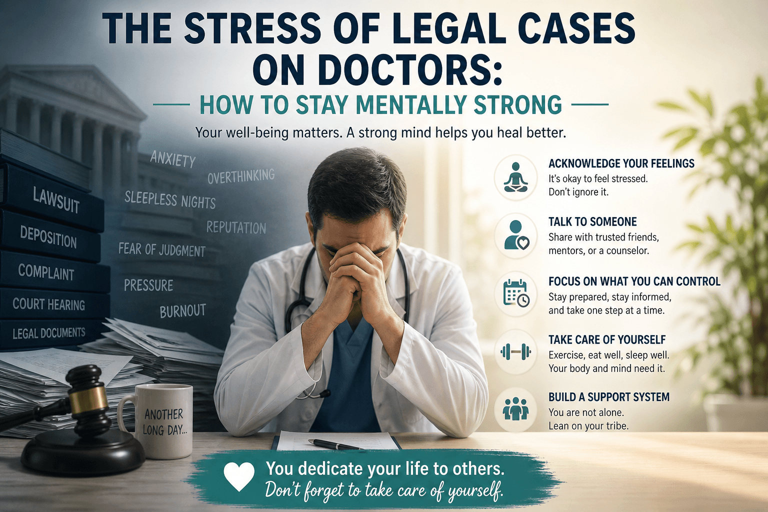 Doctor overwhelmed by legal stress, highlighting mental resilience, support, self-care, and coping strategies