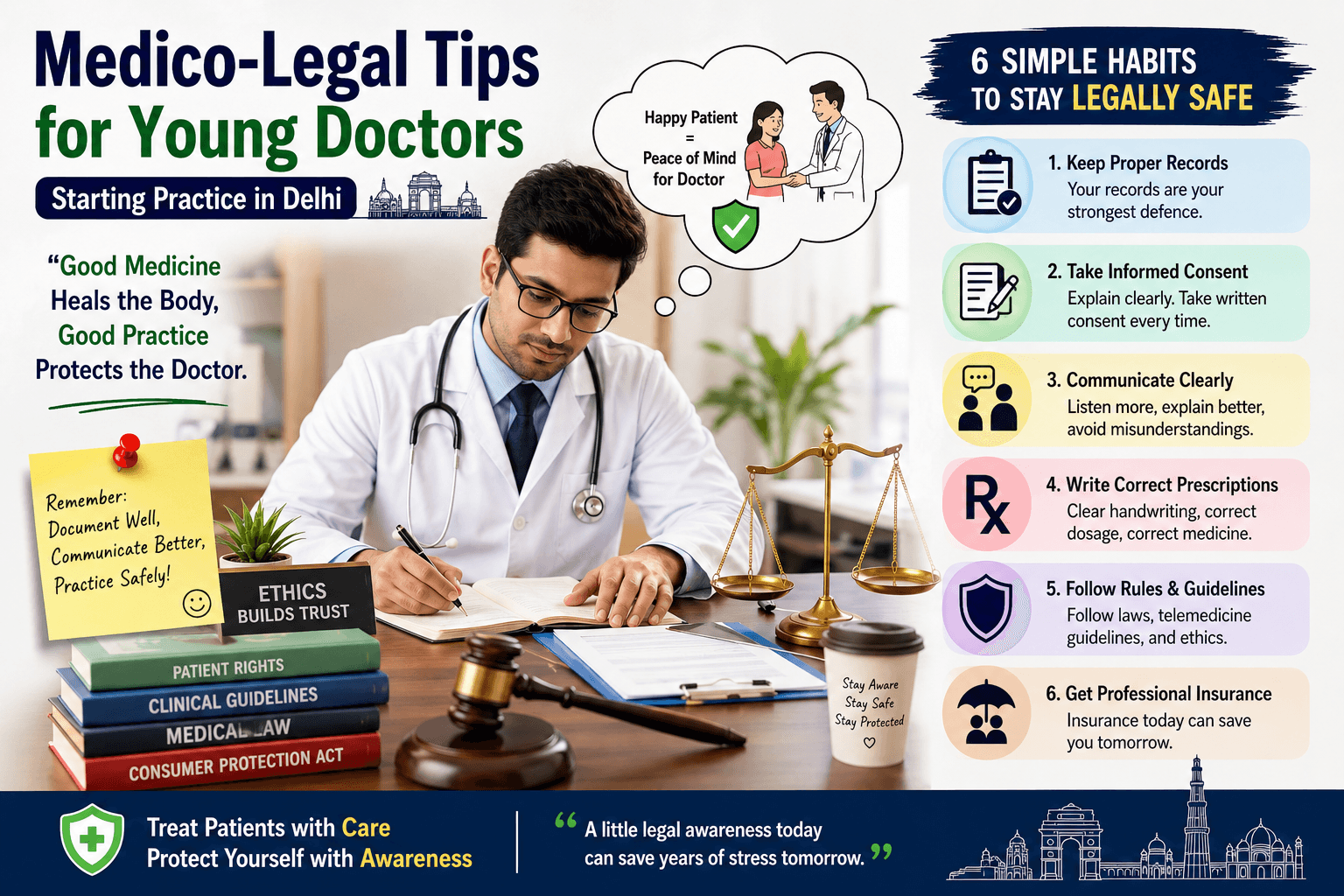 Young doctor learning medico-legal safety with legal tips, patient trust, records, ethics, and professional protection.