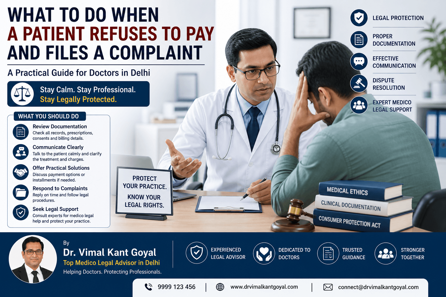 Doctor discussing payment dispute with patient in clinic, highlighting legal guidance, documentation, communication,