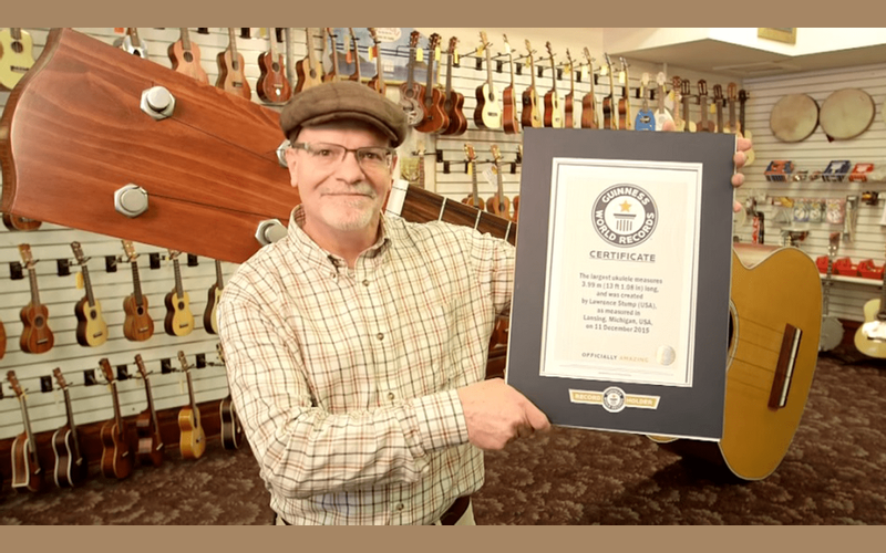 World Records, music, largest ukuleleconstruction, story of Lawrence Stamp,Lawrence Stamp USA, musicalinstruments world records, worldrecords Lawrence Stamp