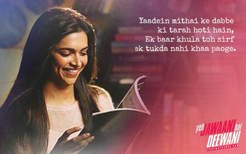 YJHD dialogues, YJHD songs, Yeh Jawaani Hai Deewani dialogues, Yeh Jawaani Hai Deewani songs, top and most loved dialogues of YJHD, Bunny, Naina Talwar, Chasmish, Kabir Thapar, Avi, Aditi, Ranbir Kapoor, Deepika Padukone, Kalki Koechlin, Aditya Roy Kapur, Madhuri Dixit, Farook Sheikh, Ayan Mukerji, FT Article, FT Events, Feeding Trends article, Feeding Trends, Ranbir YJHD, Deepika YJHD, Kalki YJHD, Aditya YJHD, Ranbir Deepika, Badtameez Dil, Balam Pichkari, Dilliwali Girlfriend, YJHD Mashup, YJHD Deleted Scenes, Ilahi, Ghagra, Kabira, Subhanallah