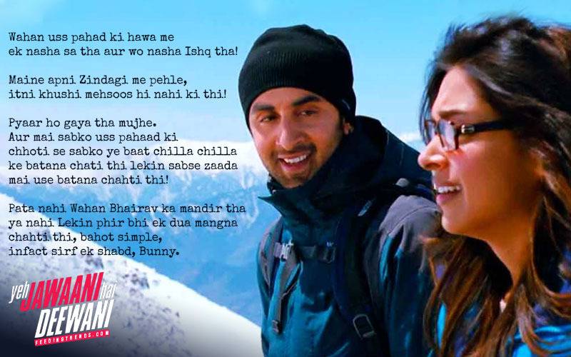 YJHD dialogues, YJHD songs, Yeh Jawaani Hai Deewani dialogues, Yeh Jawaani Hai Deewani songs, top and most loved dialogues of YJHD, Bunny, Naina Talwar, Chasmish, Kabir Thapar, Avi, Aditi, Ranbir Kapoor, Deepika Padukone, Kalki Koechlin, Aditya Roy Kapur, Madhuri Dixit, Farook Sheikh, Ayan Mukerji, FT Article, FT Events, Feeding Trends article, Feeding Trends, Ranbir YJHD, Deepika YJHD, Kalki YJHD, Aditya YJHD, Ranbir Deepika, Badtameez Dil, Balam Pichkari, Dilliwali Girlfriend, YJHD Mashup, YJHD Deleted Scenes, Ilahi, Ghagra, Kabira, Subhanallah