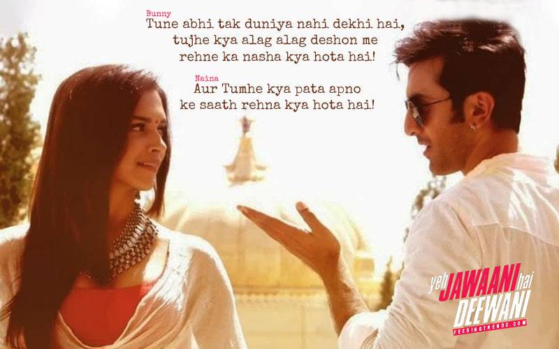 YJHD dialogues, YJHD songs, Yeh Jawaani Hai Deewani dialogues, Yeh Jawaani Hai Deewani songs, top and most loved dialogues of YJHD, Bunny, Naina Talwar, Chasmish, Kabir Thapar, Avi, Aditi, Ranbir Kapoor, Deepika Padukone, Kalki Koechlin, Aditya Roy Kapur, Madhuri Dixit, Farook Sheikh, Ayan Mukerji, FT Article, FT Events, Feeding Trends article, Feeding Trends, Ranbir YJHD, Deepika YJHD, Kalki YJHD, Aditya YJHD, Ranbir Deepika, Badtameez Dil, Balam Pichkari, Dilliwali Girlfriend, YJHD Mashup, YJHD Deleted Scenes, Ilahi, Ghagra, Kabira, Subhanallah