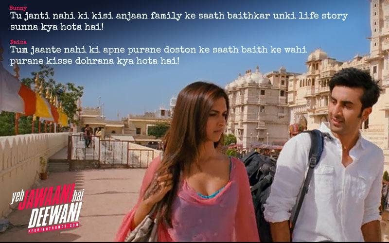 YJHD dialogues, YJHD songs, Yeh Jawaani Hai Deewani dialogues, Yeh Jawaani Hai Deewani songs, top and most loved dialogues of YJHD, Bunny, Naina Talwar, Chasmish, Kabir Thapar, Avi, Aditi, Ranbir Kapoor, Deepika Padukone, Kalki Koechlin, Aditya Roy Kapur, Madhuri Dixit, Farook Sheikh, Ayan Mukerji, FT Article, FT Events, Feeding Trends article, Feeding Trends, Ranbir YJHD, Deepika YJHD, Kalki YJHD, Aditya YJHD, Ranbir Deepika, Badtameez Dil, Balam Pichkari, Dilliwali Girlfriend, YJHD Mashup, YJHD Deleted Scenes, Ilahi, Ghagra, Kabira, Subhanallah