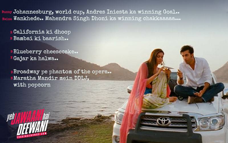 YJHD dialogues, YJHD songs, Yeh Jawaani Hai Deewani dialogues, Yeh Jawaani Hai Deewani songs, top and most loved dialogues of YJHD, Bunny, Naina Talwar, Chasmish, Kabir Thapar, Avi, Aditi, Ranbir Kapoor, Deepika Padukone, Kalki Koechlin, Aditya Roy Kapur, Madhuri Dixit, Farook Sheikh, Ayan Mukerji, FT Article, FT Events, Feeding Trends article, Feeding Trends, Ranbir YJHD, Deepika YJHD, Kalki YJHD, Aditya YJHD, Ranbir Deepika, Badtameez Dil, Balam Pichkari, Dilliwali Girlfriend, YJHD Mashup, YJHD Deleted Scenes, Ilahi, Ghagra, Kabira, Subhanallah