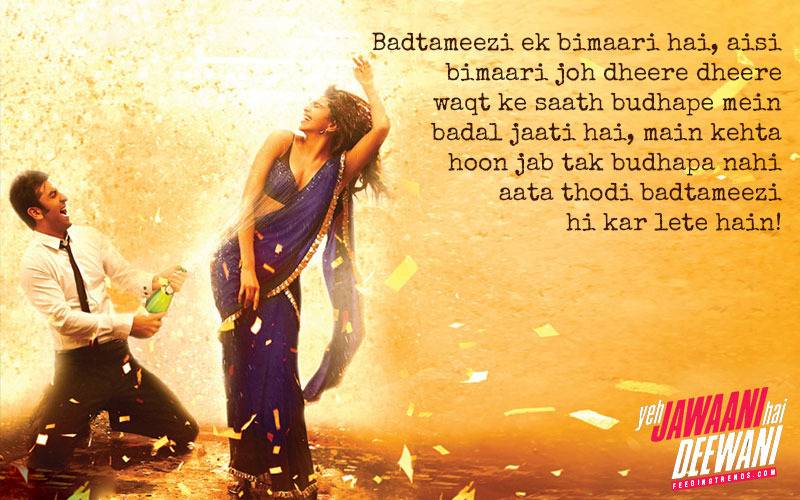 YJHD dialogues, YJHD songs, Yeh Jawaani Hai Deewani dialogues, Yeh Jawaani Hai Deewani songs, top and most loved dialogues of YJHD, Bunny, Naina Talwar, Chasmish, Kabir Thapar, Avi, Aditi, Ranbir Kapoor, Deepika Padukone, Kalki Koechlin, Aditya Roy Kapur, Madhuri Dixit, Farook Sheikh, Ayan Mukerji, FT Article, FT Events, Feeding Trends article, Feeding Trends, Ranbir YJHD, Deepika YJHD, Kalki YJHD, Aditya YJHD, Ranbir Deepika, Badtameez Dil, Balam Pichkari, Dilliwali Girlfriend, YJHD Mashup, YJHD Deleted Scenes, Ilahi, Ghagra, Kabira, Subhanallah