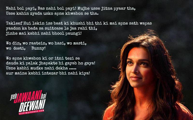 YJHD dialogues, YJHD songs, Yeh Jawaani Hai Deewani dialogues, Yeh Jawaani Hai Deewani songs, top and most loved dialogues of YJHD, Bunny, Naina Talwar, Chasmish, Kabir Thapar, Avi, Aditi, Ranbir Kapoor, Deepika Padukone, Kalki Koechlin, Aditya Roy Kapur, Madhuri Dixit, Farook Sheikh, Ayan Mukerji, FT Article, FT Events, Feeding Trends article, Feeding Trends, Ranbir YJHD, Deepika YJHD, Kalki YJHD, Aditya YJHD, Ranbir Deepika, Badtameez Dil, Balam Pichkari, Dilliwali Girlfriend, YJHD Mashup, YJHD Deleted Scenes, Ilahi, Ghagra, Kabira, Subhanallah